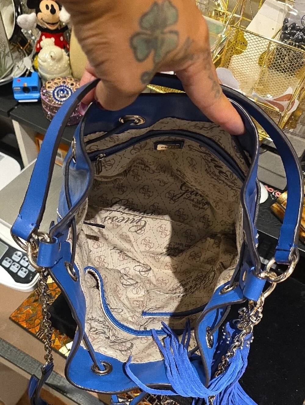 GUESS Royal Blue Drawstring Bucket Bag with Tassel